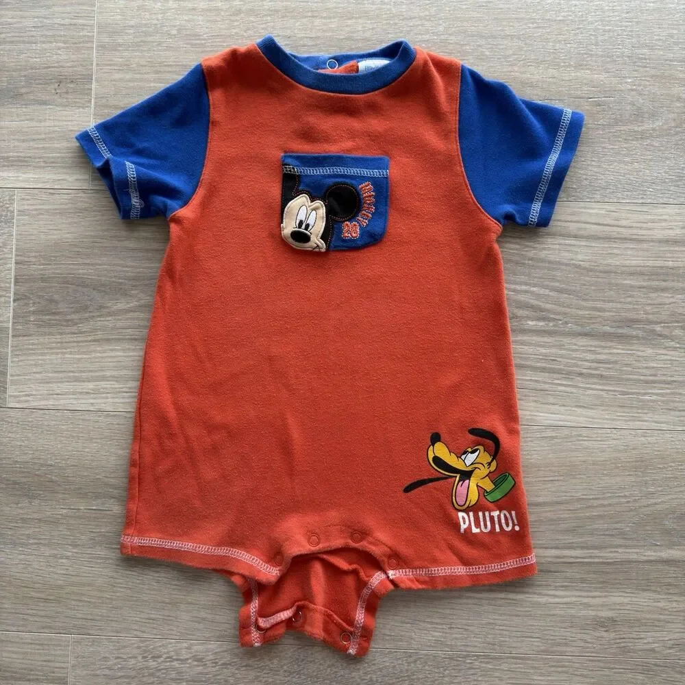 Disney Mickey Mouse Pluto Orange Blue Colorblock Romper Infant Boys 18M VTG 90’s